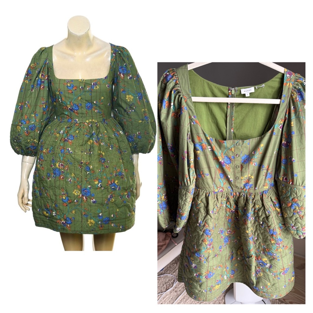 RHODE Resort Women’s Quilted Mini Dress in Green Floral NWOT